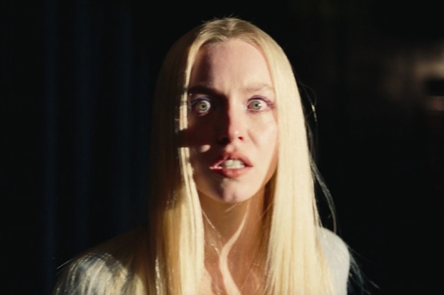 Cassie from Euphoria with her eyes wide with rage