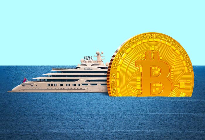 An illustration of a large bitcoin in the water partially covering a large boat