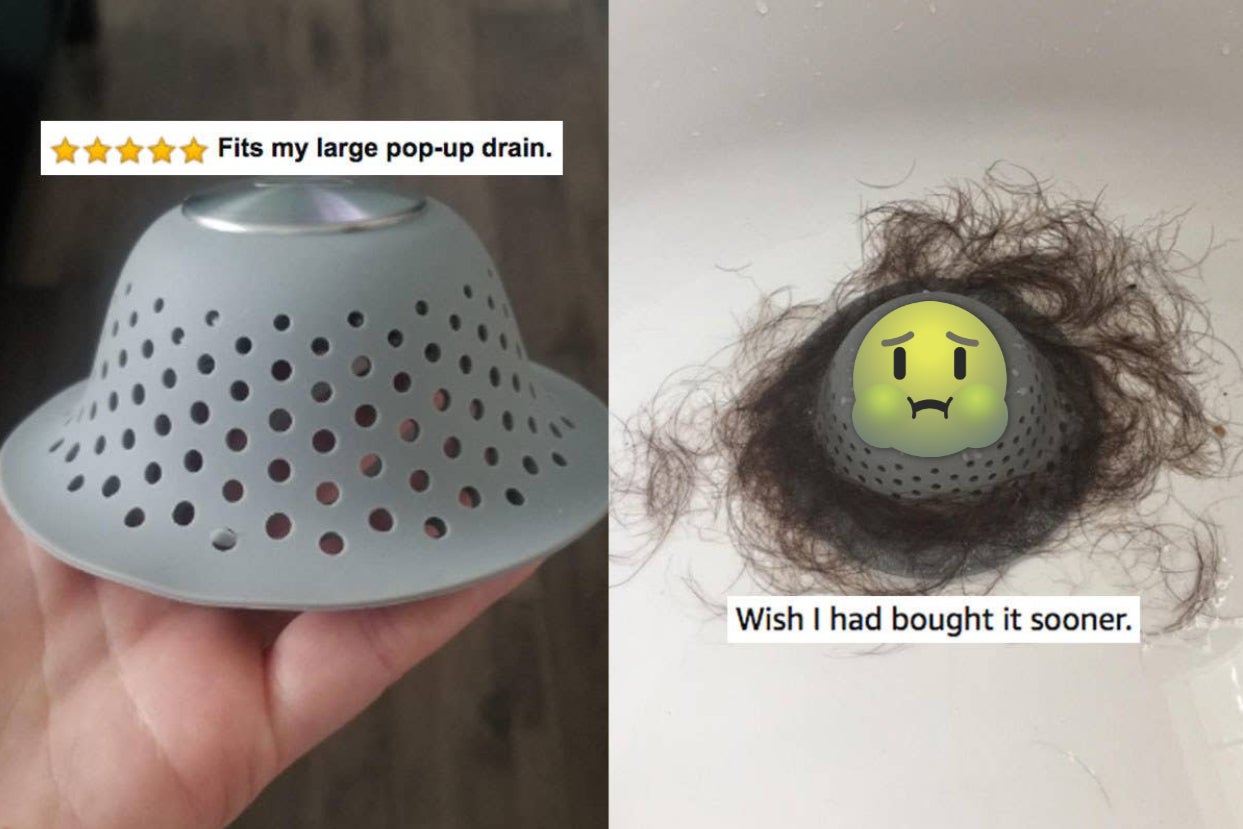 split image of drain stopper with hand holding it and five-star review text "fit my large pop-up drain" and the stopper with a clump of hair collected and text "wish I had bought it sooner"