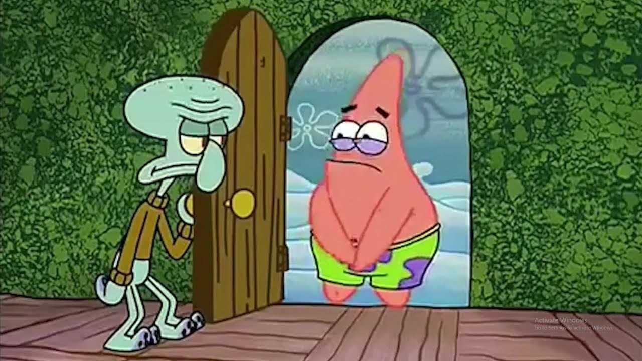 An image from Spongebob Squarepants. Patrick the starfish is standing in a door needing to use the bathroom.