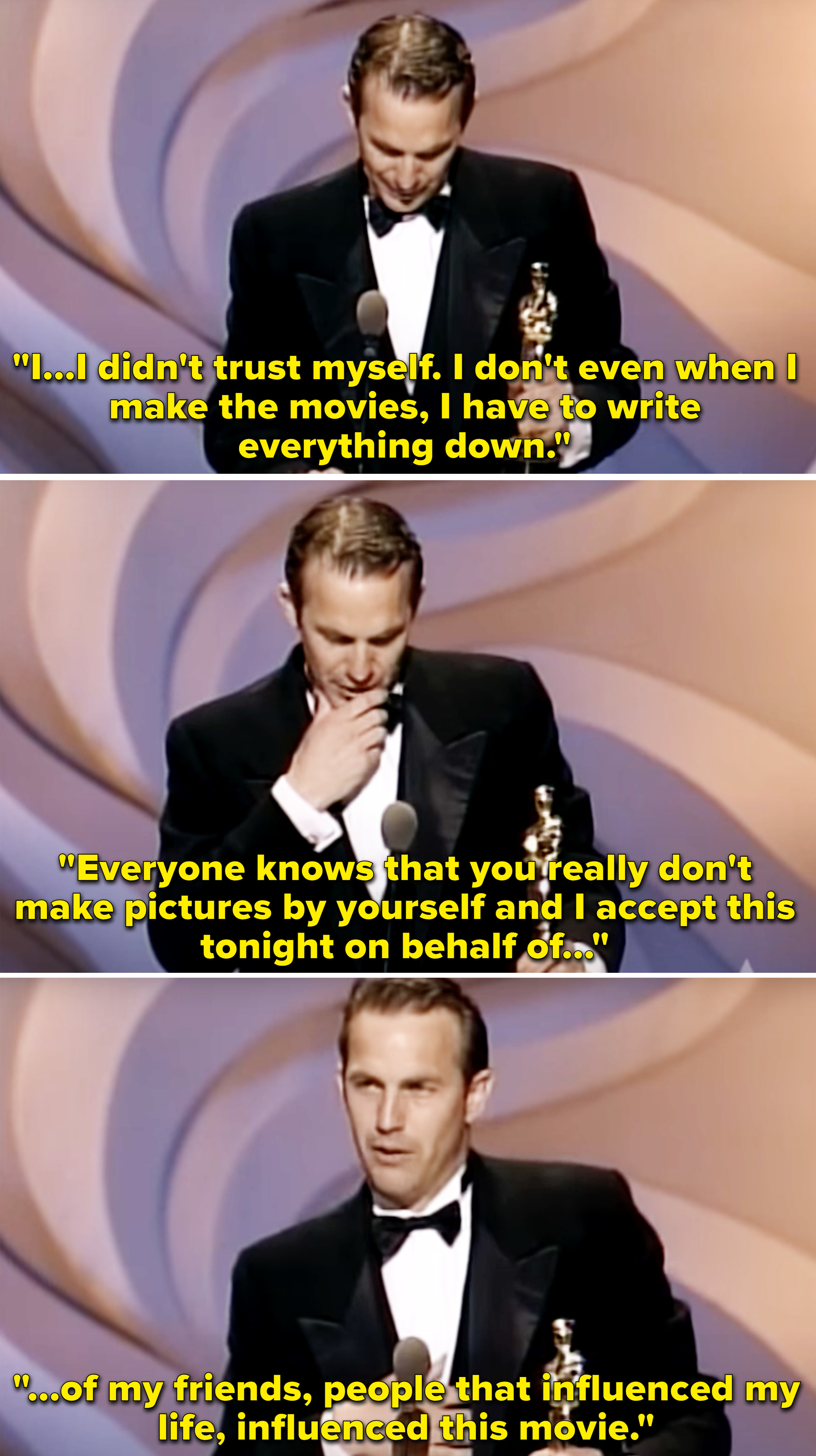 Kevin accepting his award and saying he wrote everything down