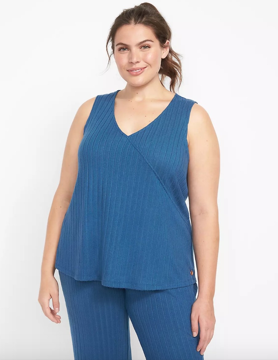 Model wearing blue ribbed tank with matching pants