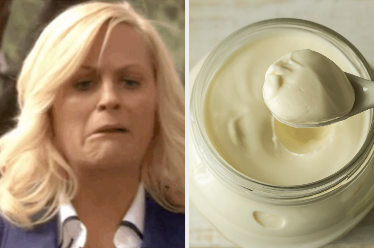 Leslie from "Parks and Rec" gags next to a jar of mayonnaise