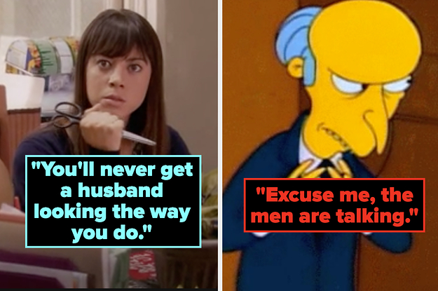april holding a knife on parks and recreation captioned "You'll never get a husband looking the way you do" and mr. burns plotting on the simpsons captioned "excuse me, the men are talking"