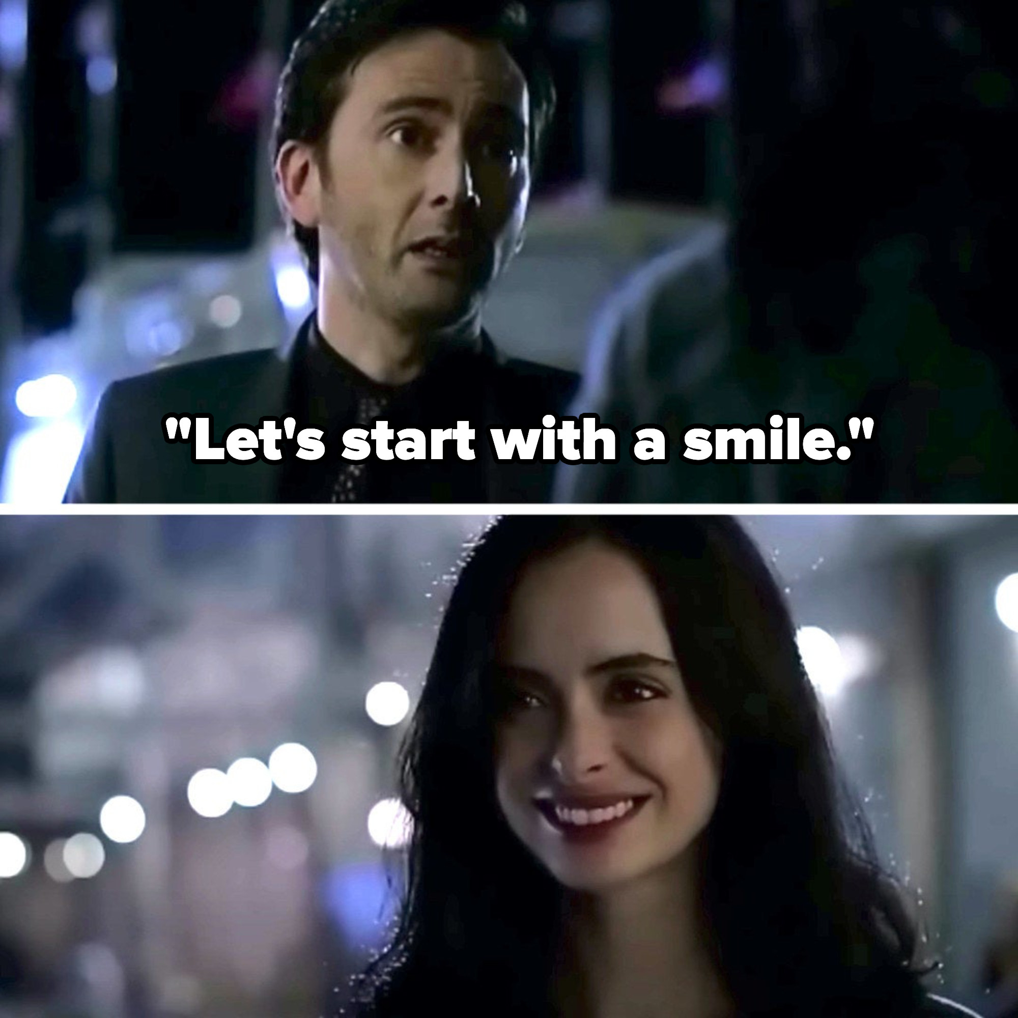 Kilgrave asks Jessica to smile, which she does, on Jessica Jones