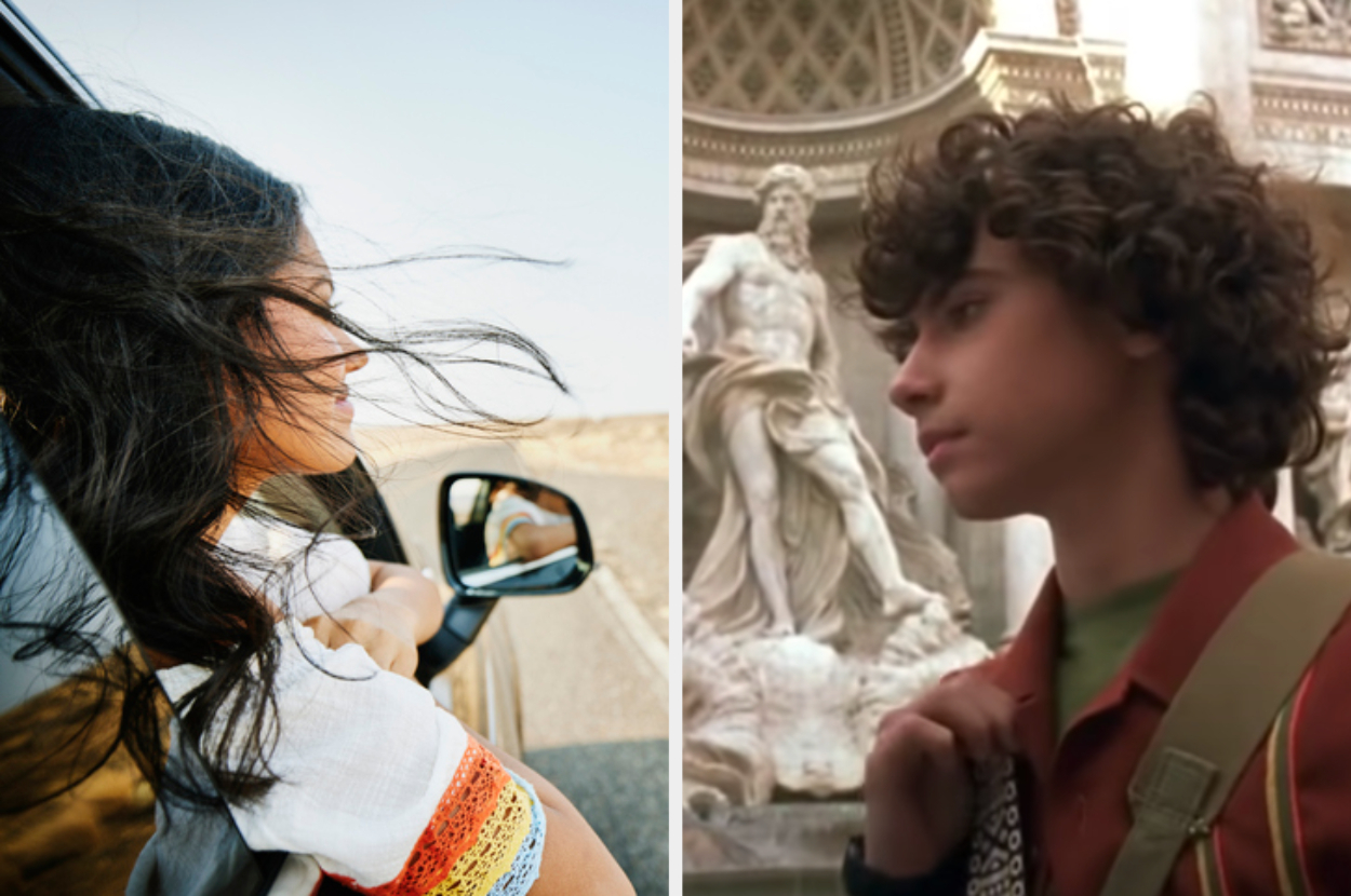 A young woman is on the left with her hair blowing with Gordo on the right