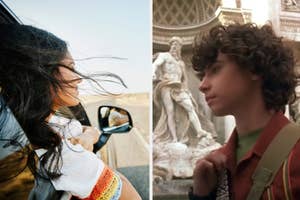 A young woman is on the left with her hair blowing with Gordo on the right