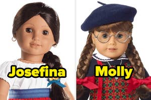 On the left, Josefina the American Girl doll, and on the right, Molly the American Girl doll