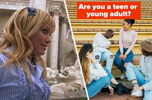 Lizzie McGuire is in Rome on the left with teens on steps labeled, "Are you a teen or young adult?"