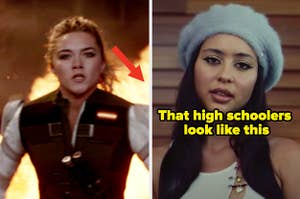 Florence Pugh in Black Widow running from an explosion and Maddy from Euphoria and the words "that high schoolers look like this"