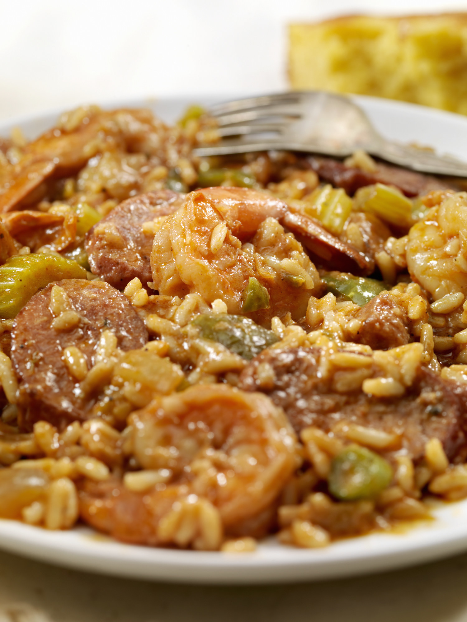 Creole-style shrimp and sausage jambalaya on a plate