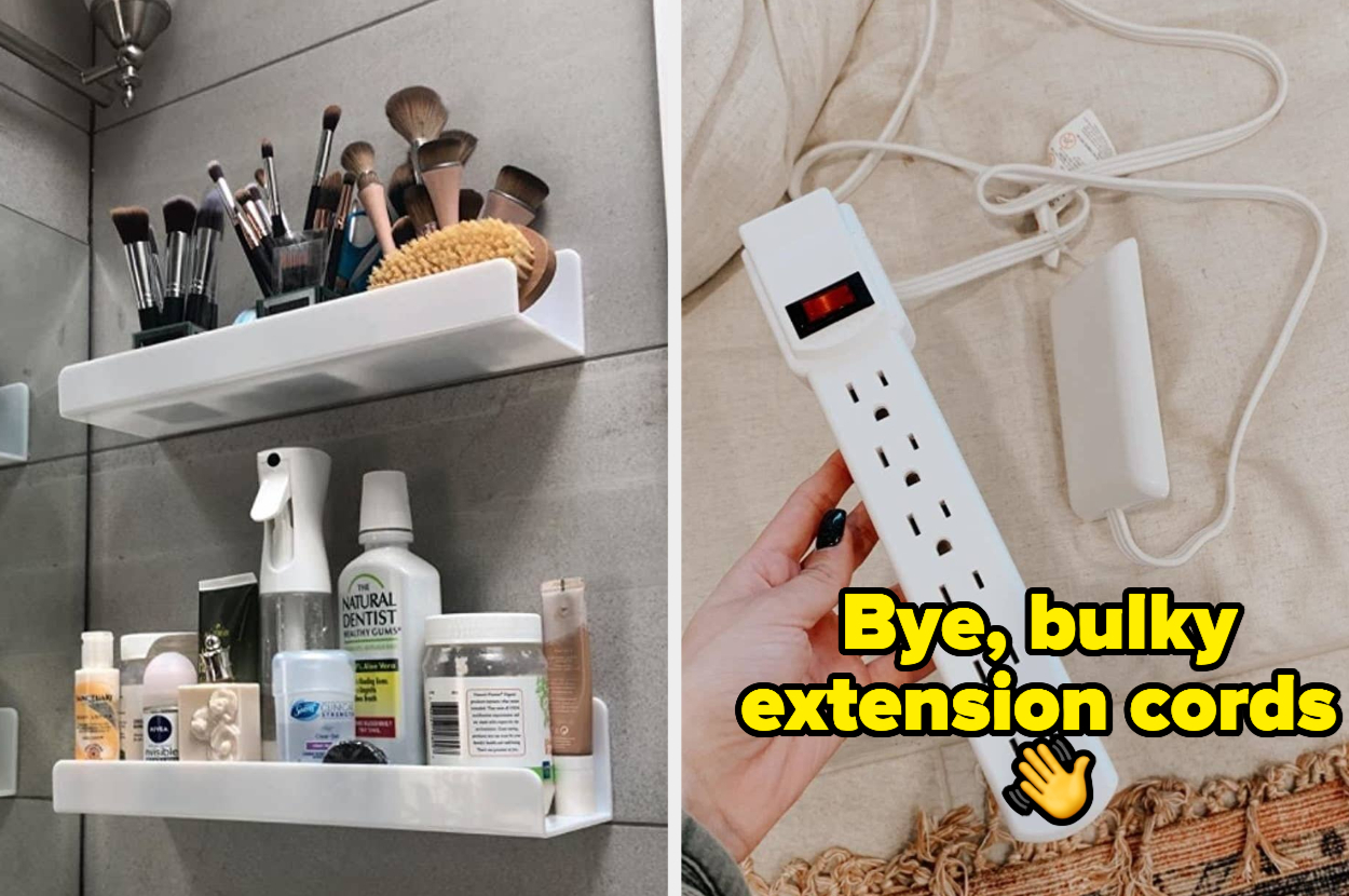 L: a reviewer photo of two walll-mounted ledge shelves loaded with skincare, R: a reviewer holding an extension cord with a flat outlet cover and text reading "bye, bulky extension cords" with a waving hand emoji 