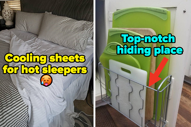 L: a reviewer photo of a bed and text reading "cooling sheets for hot sleepers", R: a reviewer photo of a cabinet-mounted rack filled with cutting boards and text reading "top-notch hiding place"