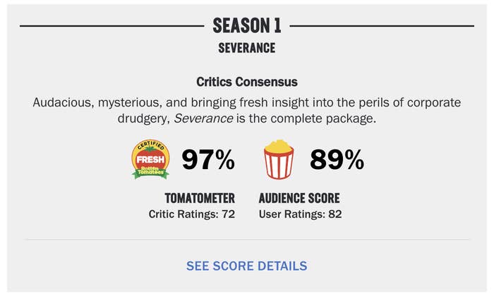 Rotten Tomatoes scores showing Severance rated 97% by critics and 89% by audiences