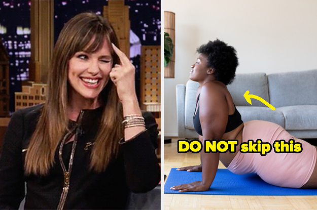Jennifer Garner pointing to her head knowingly, a woman stretching, and the text "DO NOT skip this"