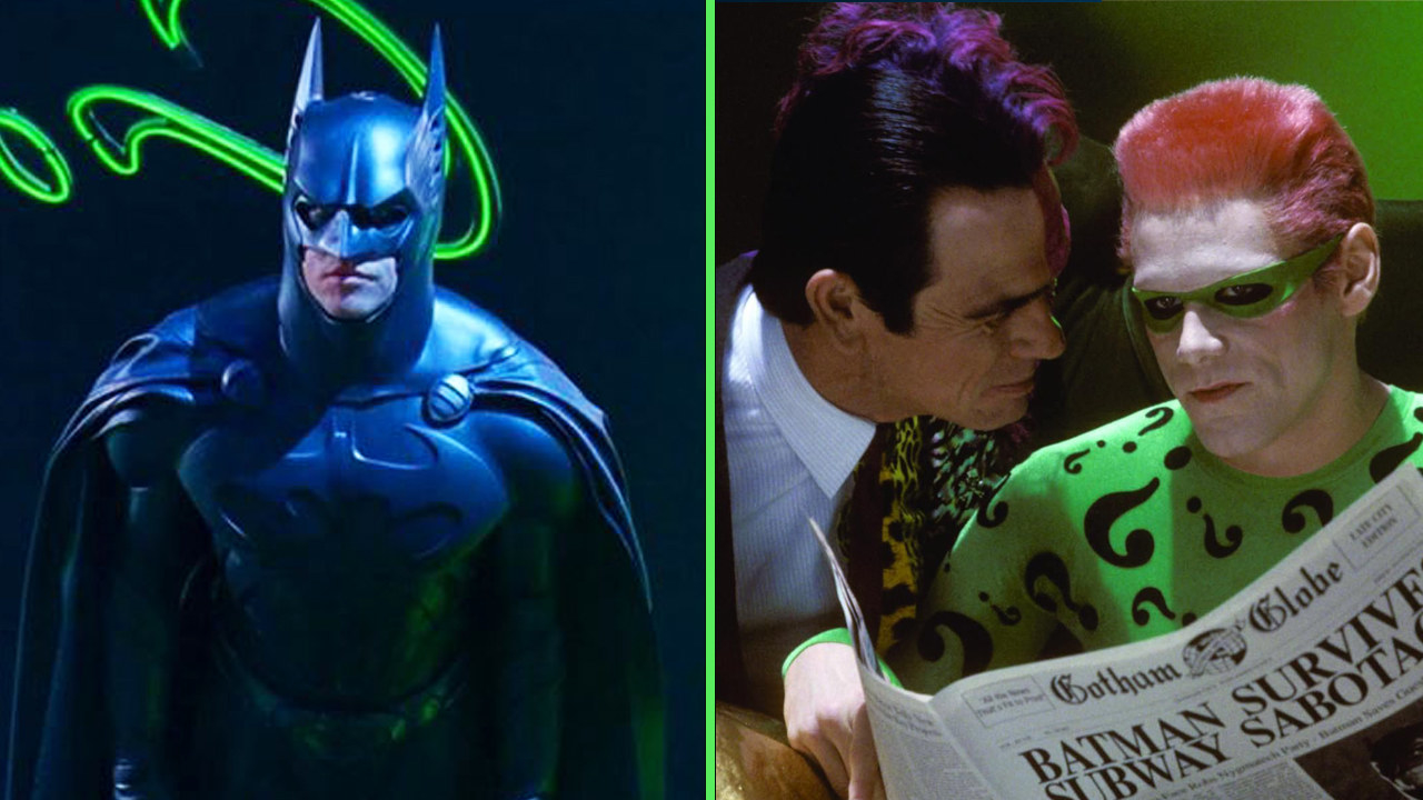 Val Kilmer as Batman looks up. Tommy Lee Jones as Two-Face and Jim Carrey as The Riddler look at a newspaper
