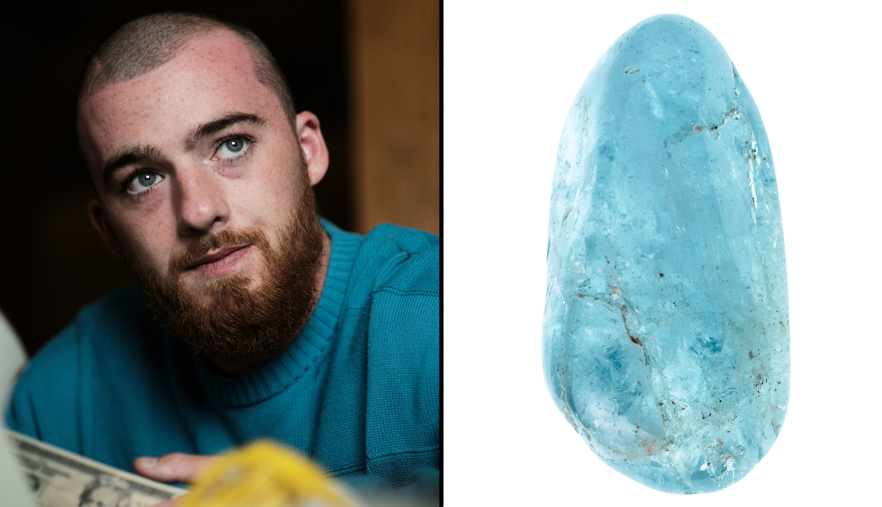 fez blue sweater and aquamarine stone crystal