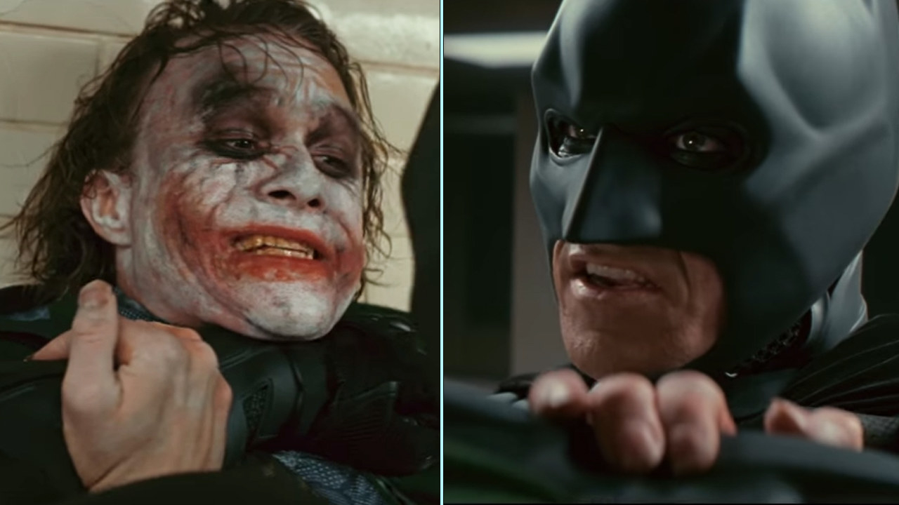 Heather Ledger and Christian Bale face off as The Joker and Batman