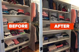 L: closet with piles of sweaters R: the sweaters neatly organized, folded, and separated by dividers