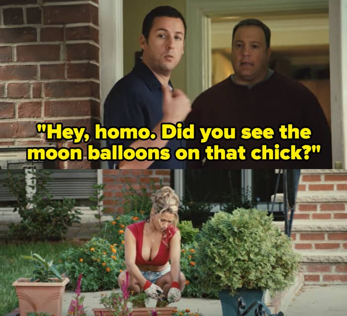 Chuck and Larry stand in the doorway of Larry&#x27;s house while they look at a woman wearing a low neck top