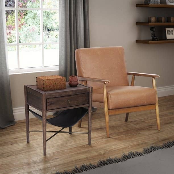 tan colored faux leather armchair
