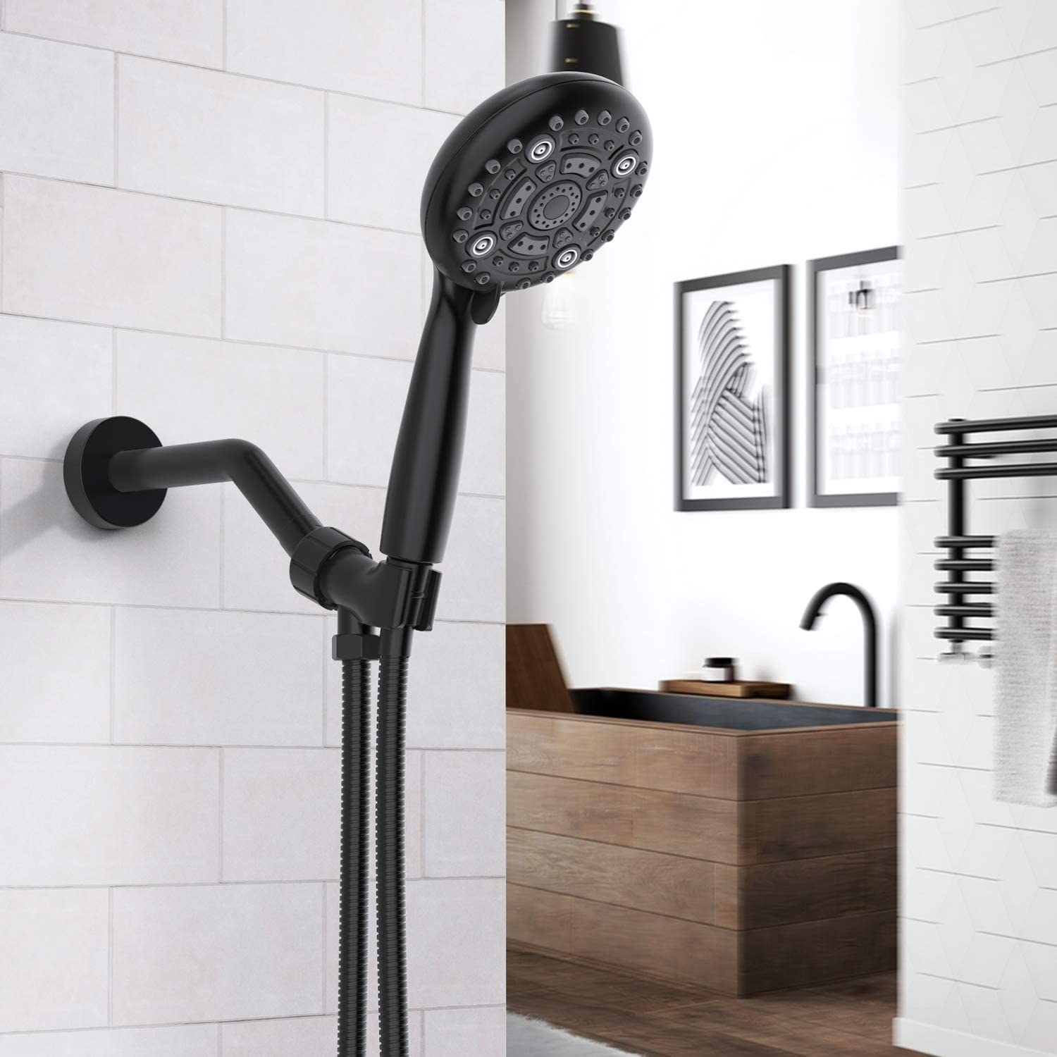 a matte shower head installed in a modern bathroom
