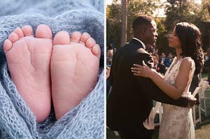 On the left, some baby feet poking out of a blanket, and on the right, Randall and Beth from This Is Us dancing on their wedding day
