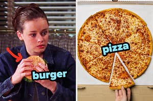 On the left, Rory from Gilmore Girls holding a burger with an arrow pointing to it and burger typed next to it, and on the right, someone grabbing a slice of cheese pizza from a box labeled pizza