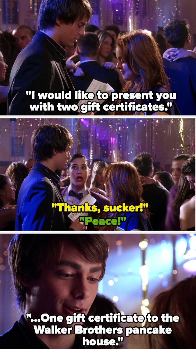 Aaron gives Cady two gift certificates to walker brothers pancake house, then janis steals one in Mean Girls