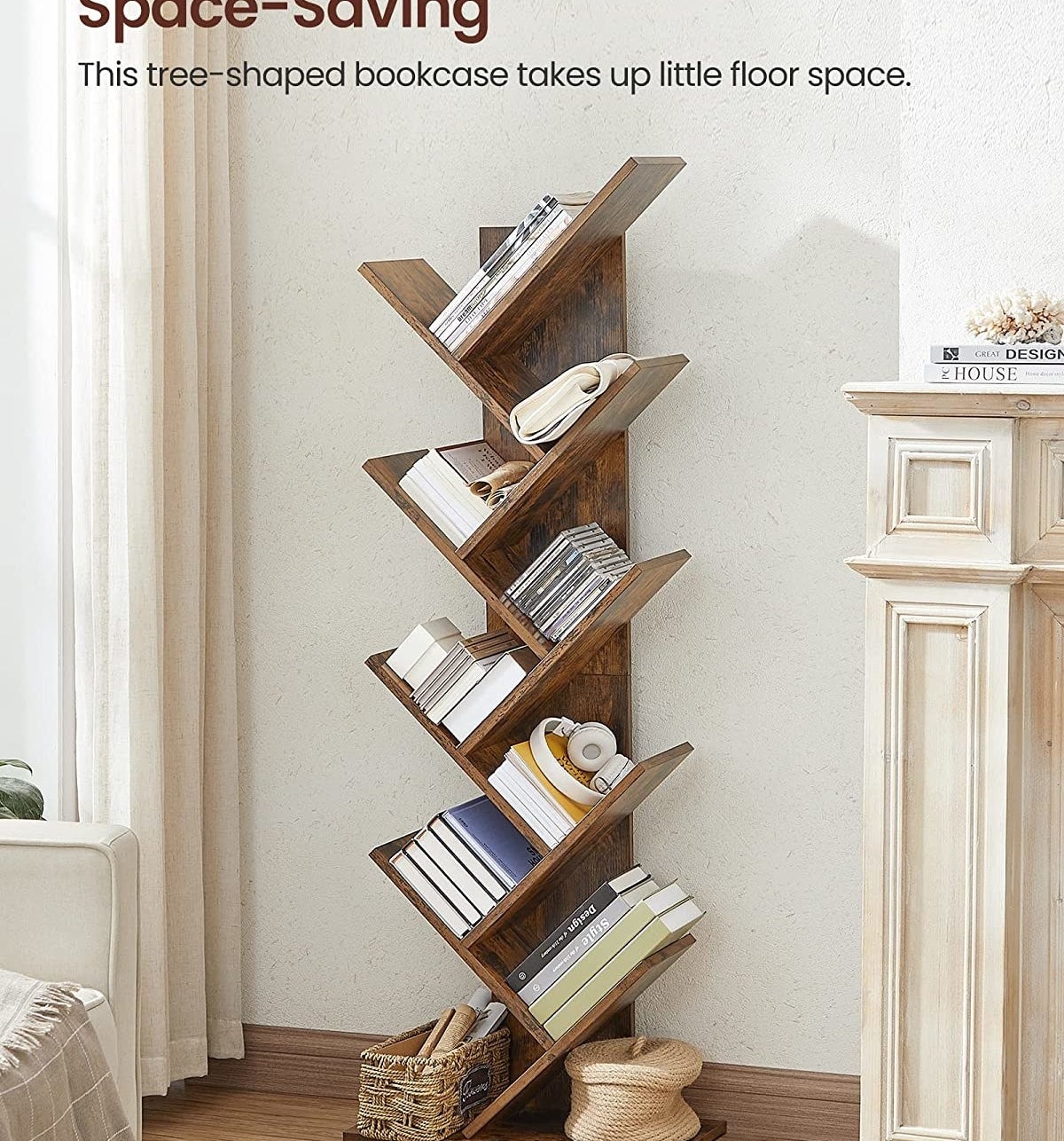 a freestanding bookshelf with angled shelves