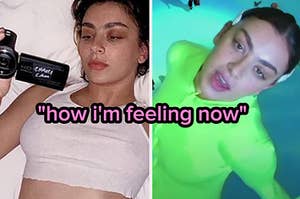 on the left, charli lays in bed, face relaxed and holds a camcorder. on the right, charli is in a tight bodysuit and sings