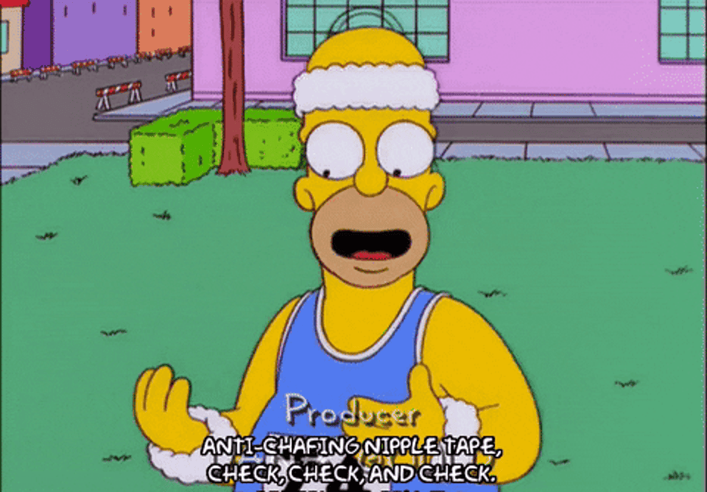 homer from the simpsons about to run, saying &quot;anti-chafing nipple tape, check, check, and check&quot;