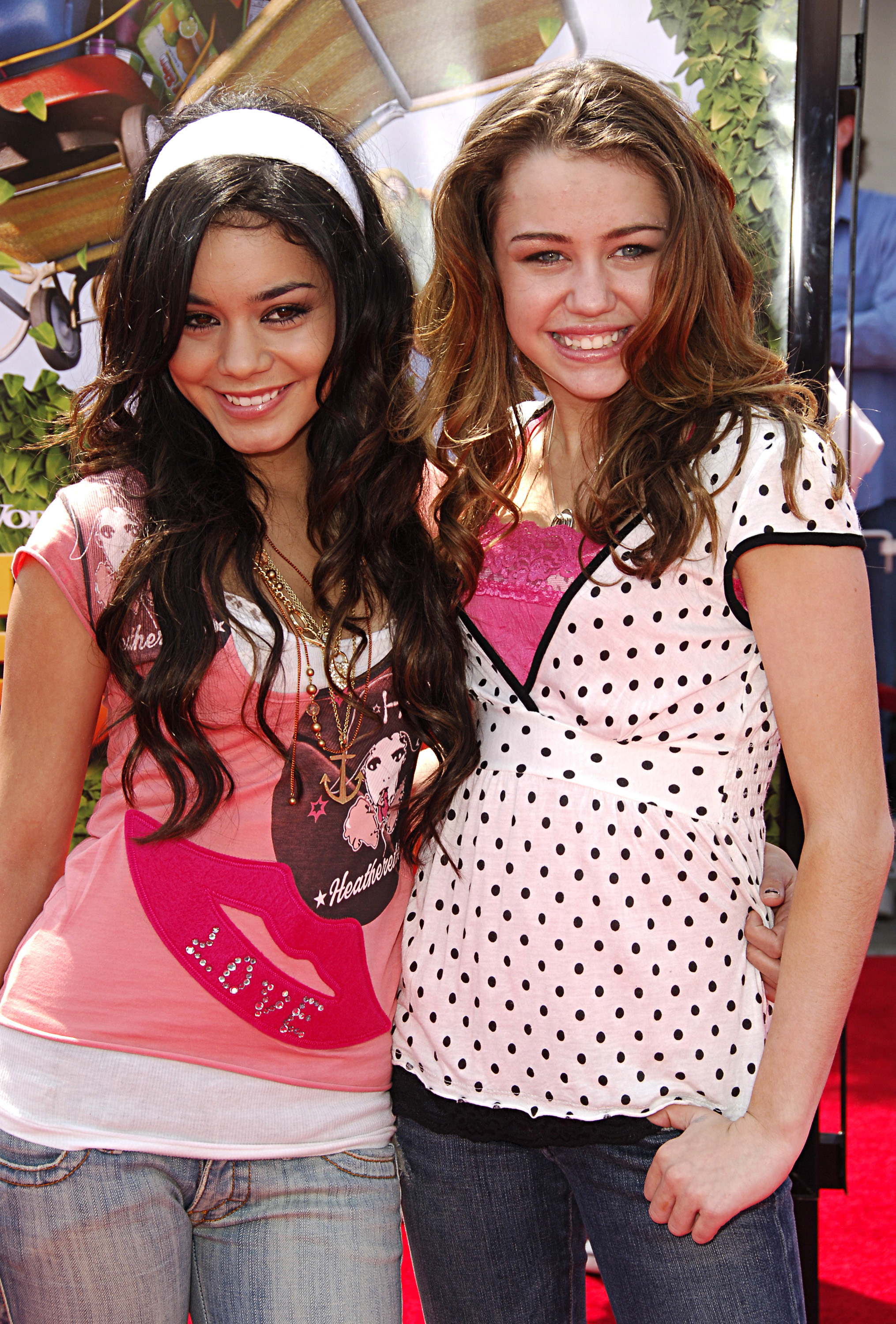 Vanessa Hudgens and Miley Cyrus wearing low-cut tops over camis