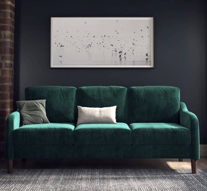 the dark green velvet sofa