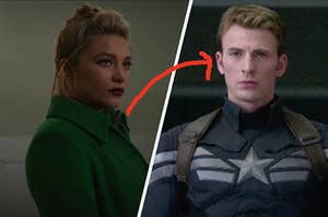 Yelena Belova wears a brightly colored coat and Steve Rogers scowls while wearing his Captain America uniform