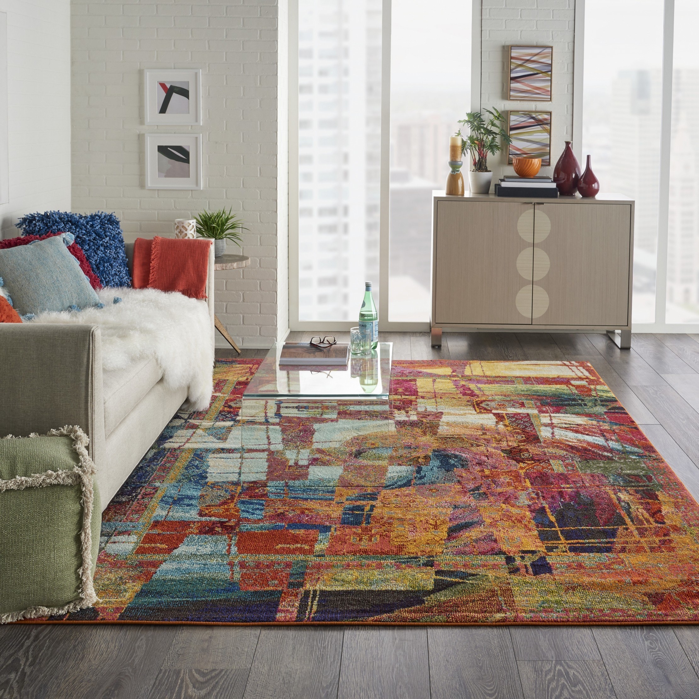 A mosaic colorful abstract rug.