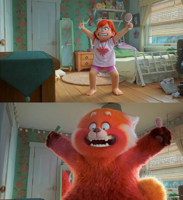 A girl transforms into a large red panda