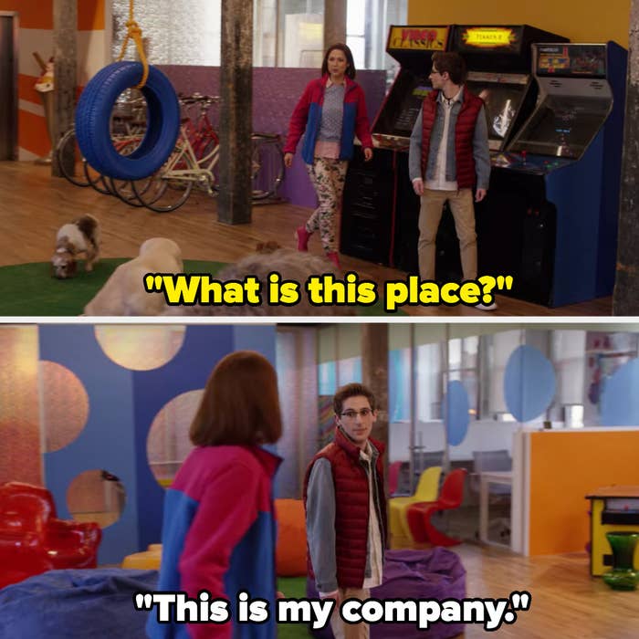 Kimmy walks into an office with arcade machines, a tire swing, and dogs, and her boss says &quot;this is my company&quot;