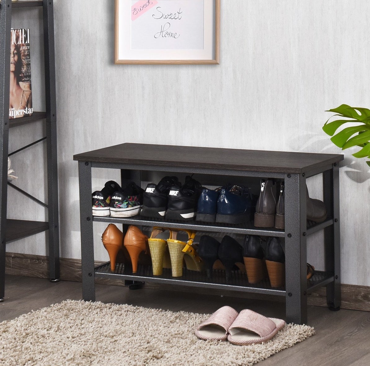 the three tier shoe rack with eight pairs of shoes on it