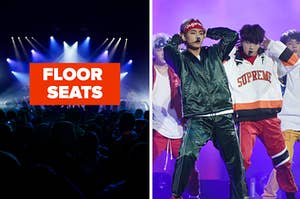 A concert is shown and labeled, "floor seats" with BTS performing on the right