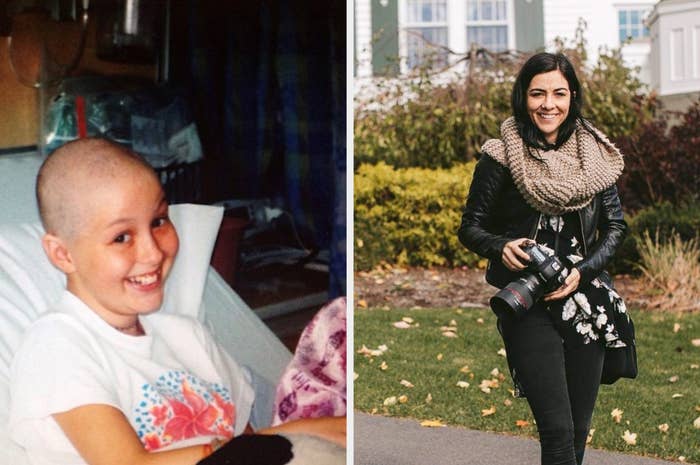 Emily in a hospital bed and Emily outside with a camera