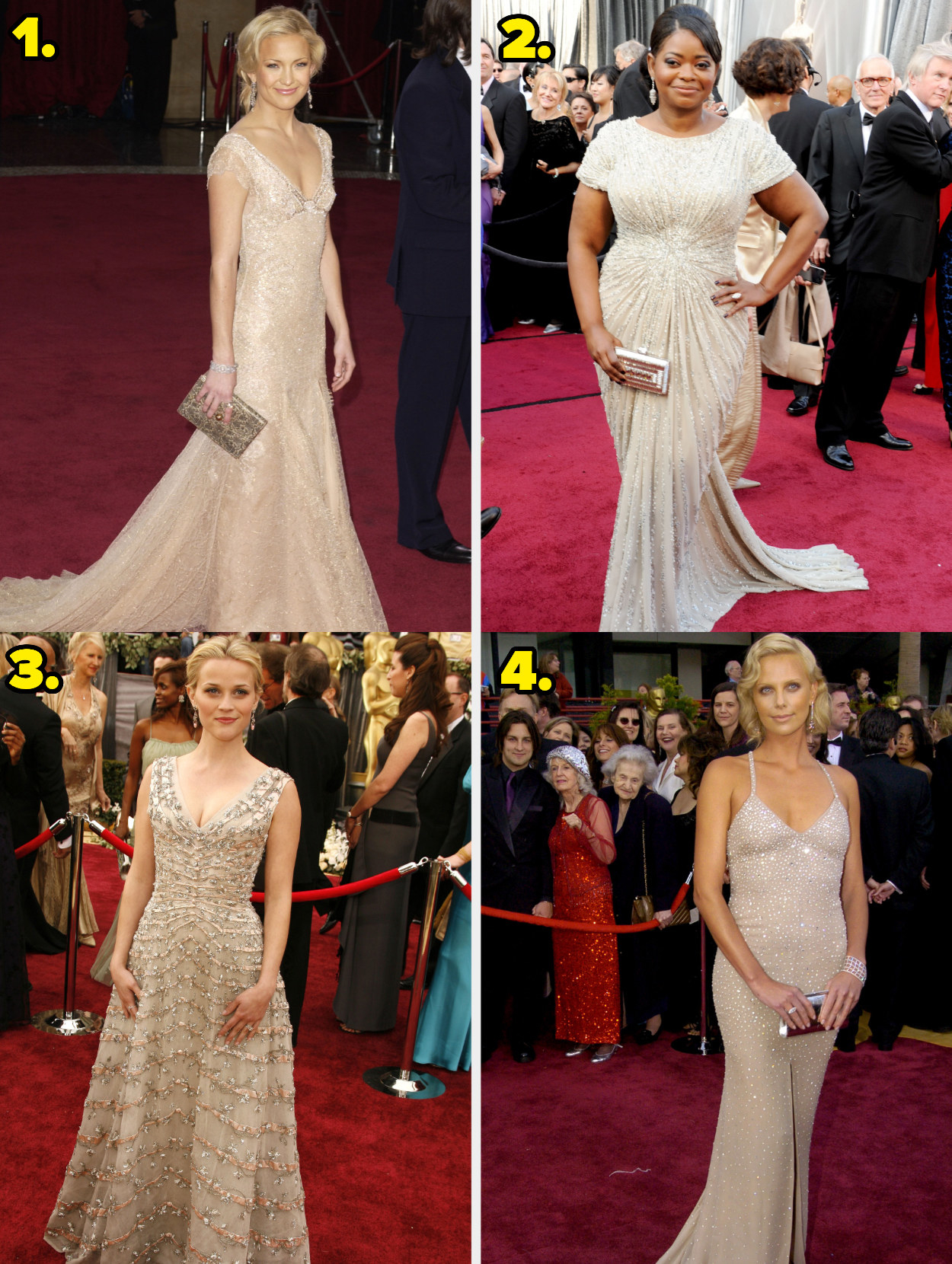 1. Kate Hudson wears a shimmering gown. 2. Octavia Spencer wears a shortsleeved gown. 3. Reese Witherspoon wears a tea length gown with silver detailing 4. Charlize Theron wears a halter gown with diamonds