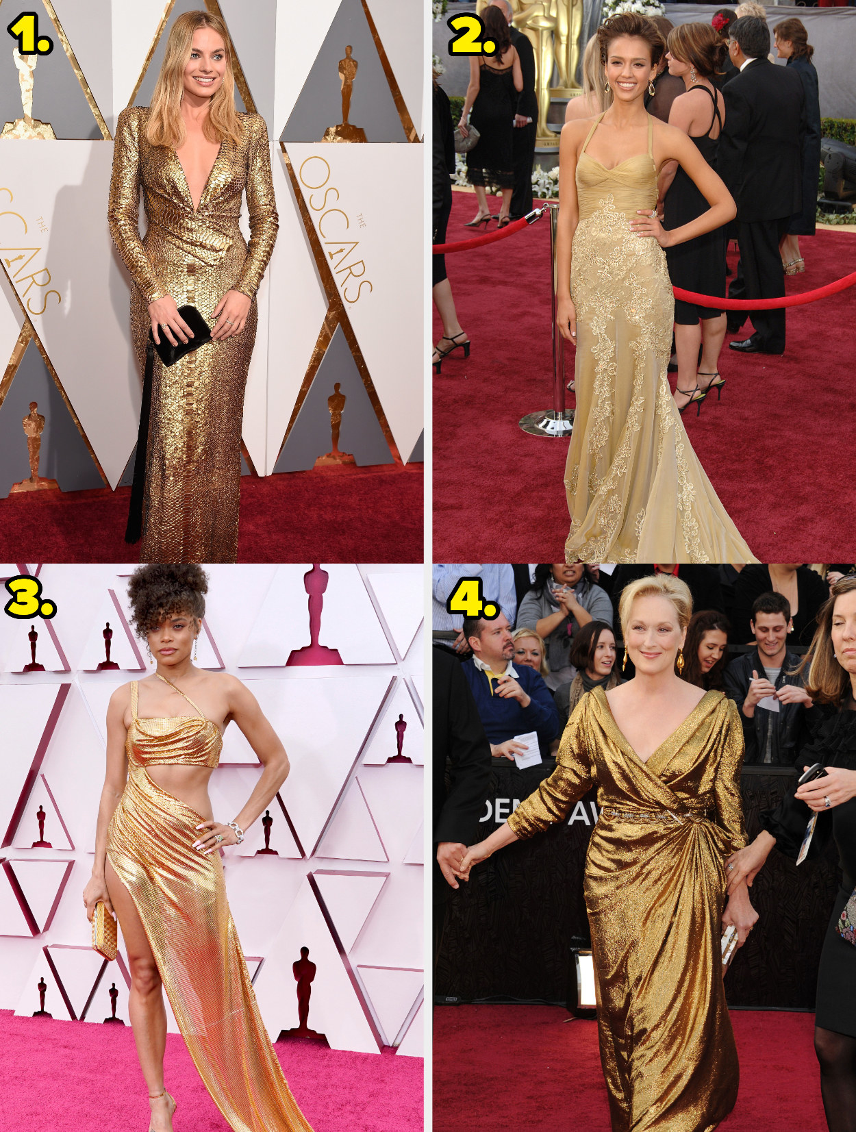 1 Margot Robbie has a longsleeve glittering gown 2 Jessica Alba has a halter gown with flowery lace embroidered 3 Andra Day has an asymmetrical gown with a triangle cutout on her ribs and a deep slit 4 Meryl Streep has a v-neck long sleeved dress