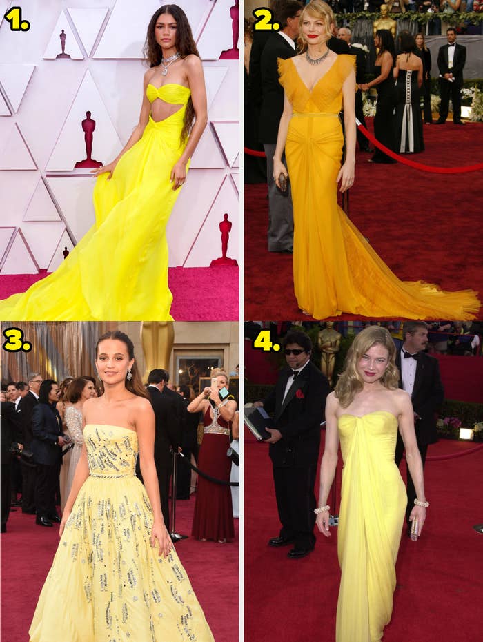 1. Zendaya wears a two piece flowing gown with a cutout on her abdomen. 2. Michelle Williams wears a v-neck gown with ruffles on the straps. 3. Alicia Vikander wears a strapless gown with silver detailing. 4. Renee Zellweger wears a strapless gown.