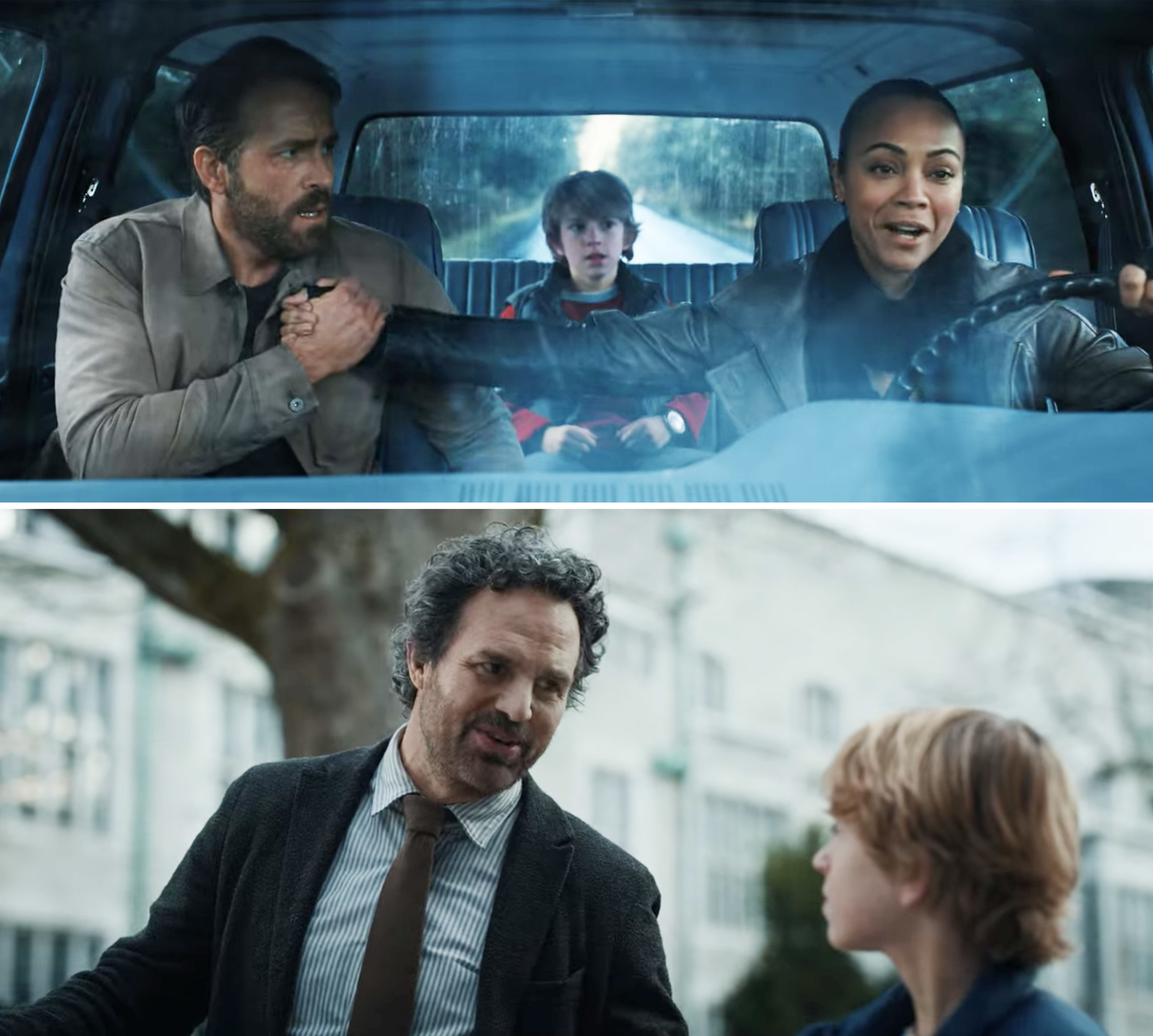 Top: Ryan Reynolds with Zoe Saldana and Walker Scobell in a car; Bottom: Mark Ruffalo talking to Walker Scobell outside