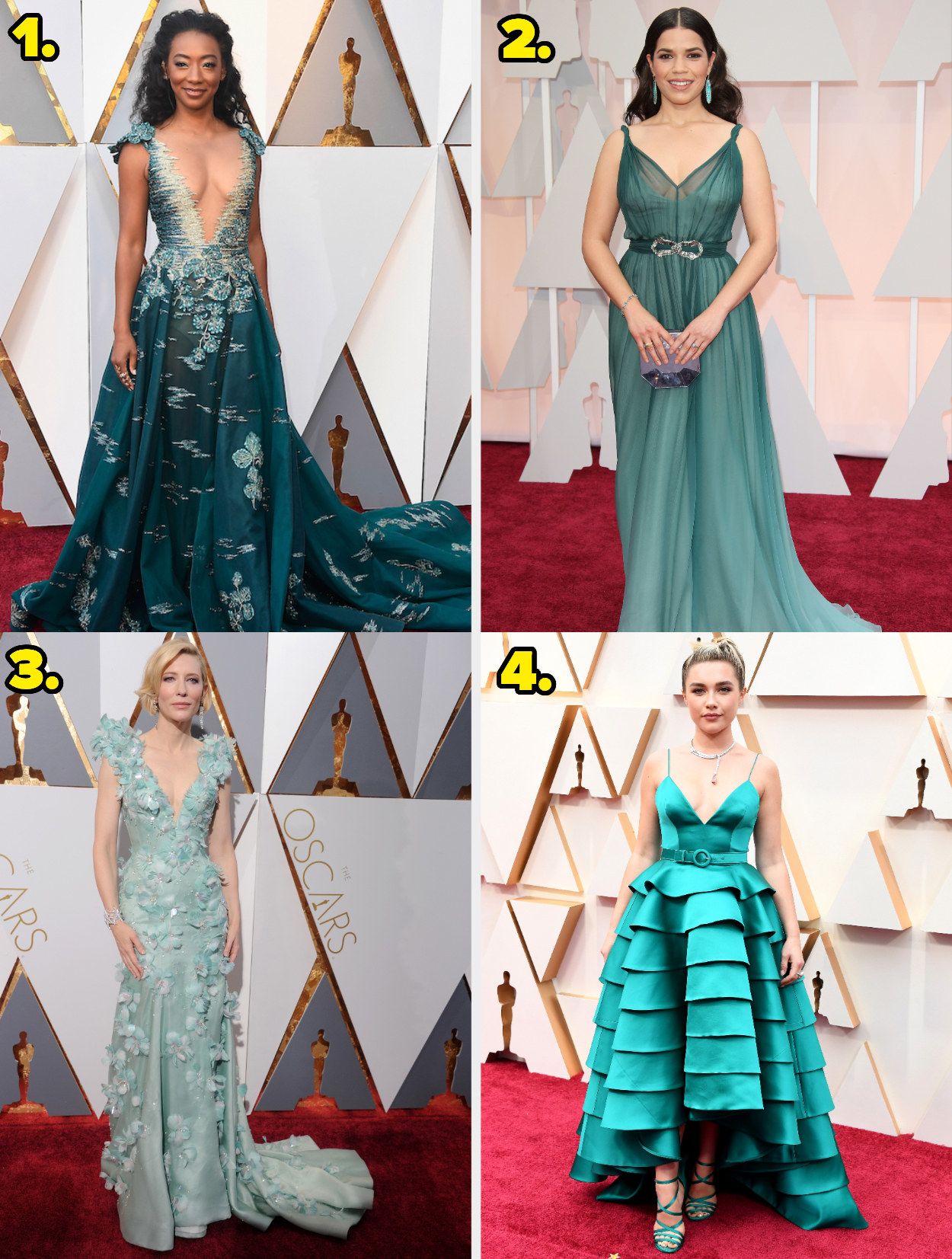1. Betty Gabriel wears a deep v neck gown with flowers embroidered 2. America wears a v-neck flowing gown. 3. Cate Blanchet wears a v-neck gown with flower appliques. 4. Florence Pugh wears a v-neck gown with a tiered skirt