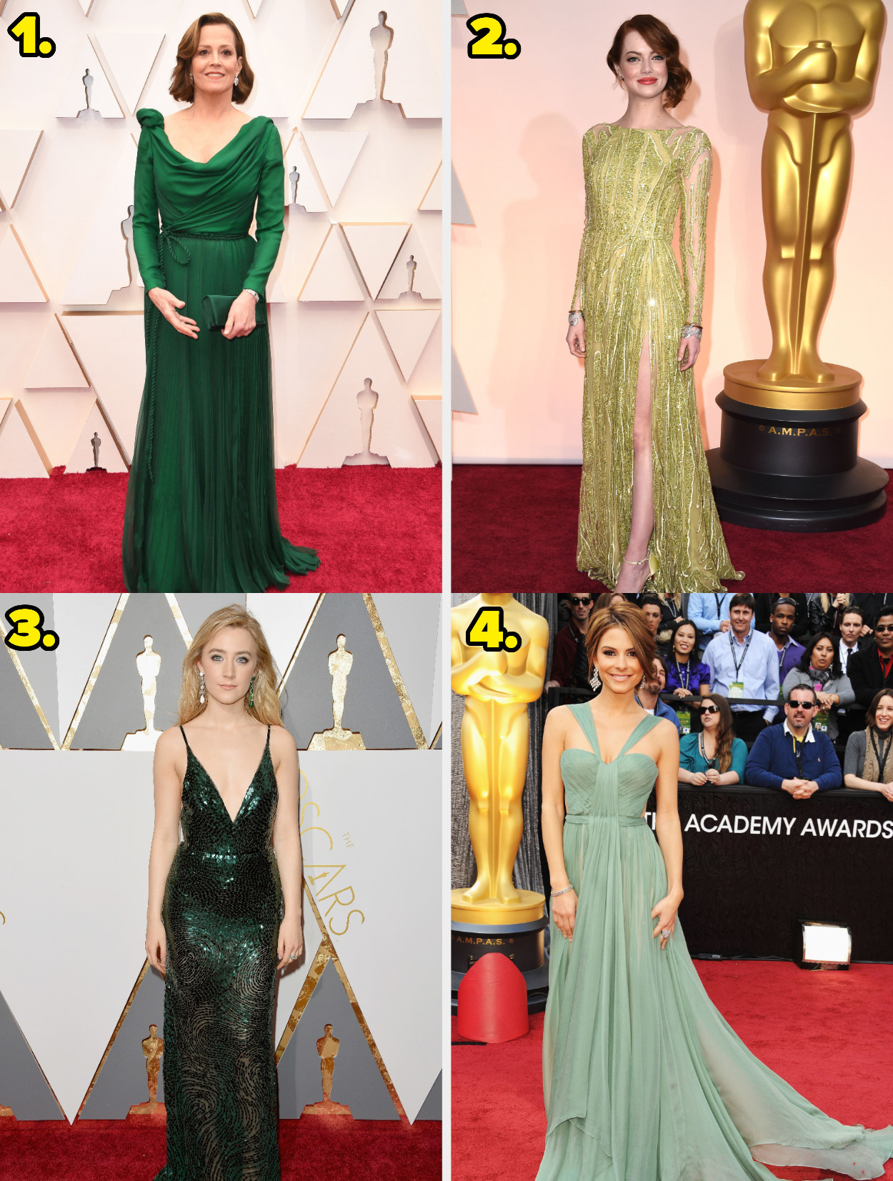 1. Sigourney Weaver wears a longsleeved gown with draping. 2. Emma Stone wears a longsleeved gown with a deep slit and is covered in jewels. 3. Saoirse Ronan wears a v-neck shimmering gown. 4. Maria Menounos wears a draped halter gown