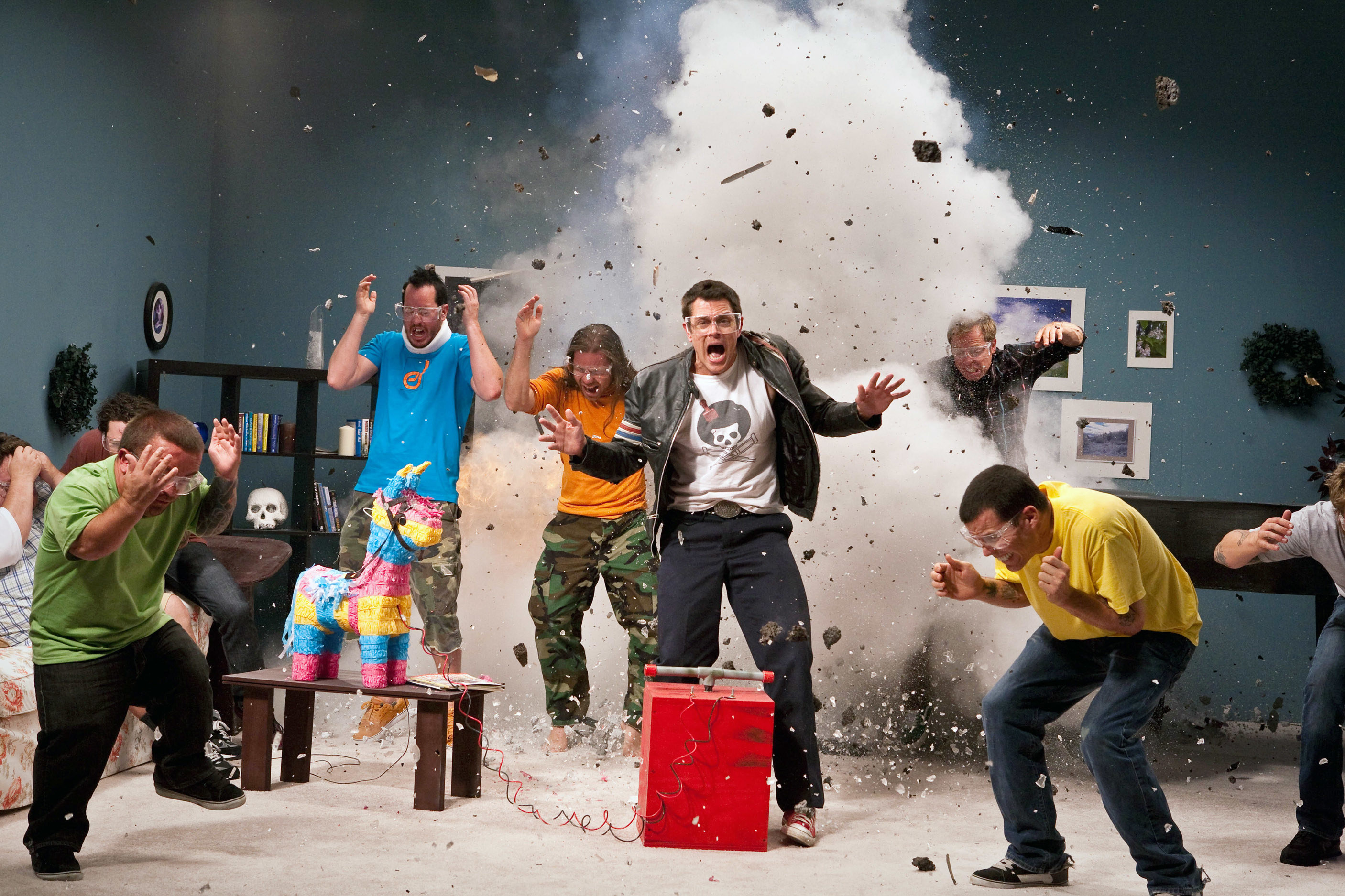 the jackass crew in an exploding room