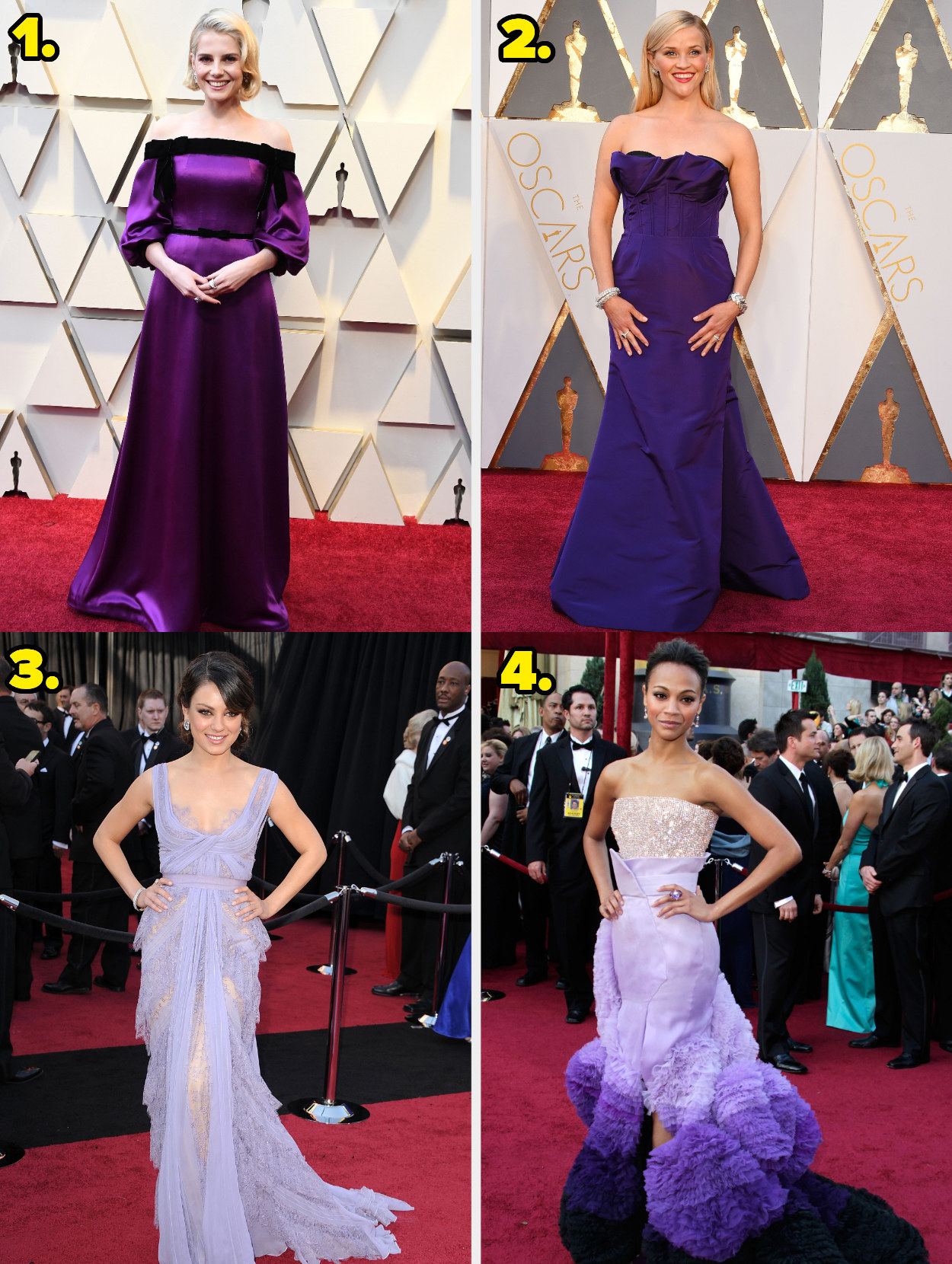 1. Lucy Boynton wears an off the shoulder gown 2. Reese Witherspoon wears a strapless gown. 3. Mila Kunis wears a scoop neck gown with tiered lace. 4. Zoe Saldana wears a strapless gown with giant puffballs at the bottom