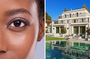 在左边，一个人的眼睛的特写镜头，右边是一个豪华的房子，有一个游泳池向后
